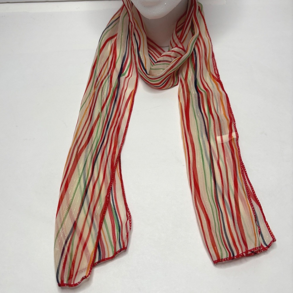 Vintage Goody Striped Scarf Metallic‎ Gold Thread Multi Color Scarf Sheer Boho